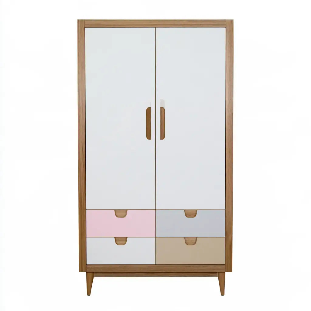 Armario con puertas lisas y cajones contrastados - blanco/rosa/beige