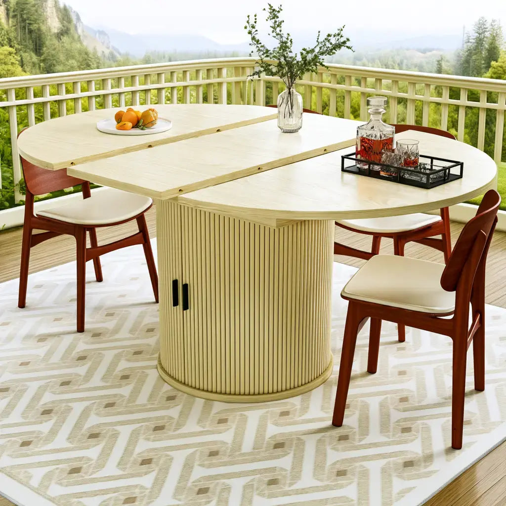 Mesa de comedor con tablero redondeado y pie central - amarillo