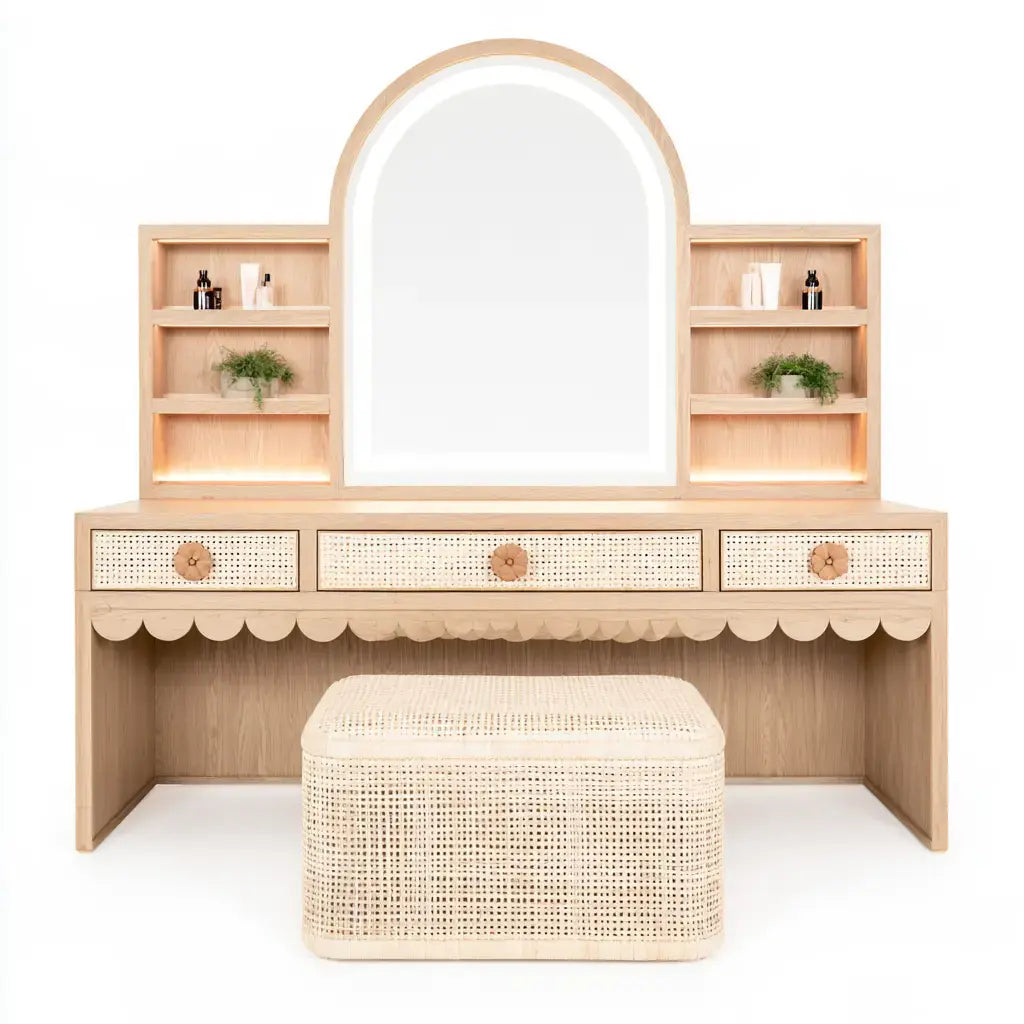 Tocador con espejo arqueado y estantes laterales - beige