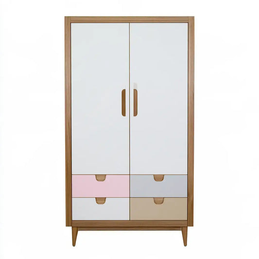 Armario con puertas lisas y cajones contrastados - blanco/rosa/beige