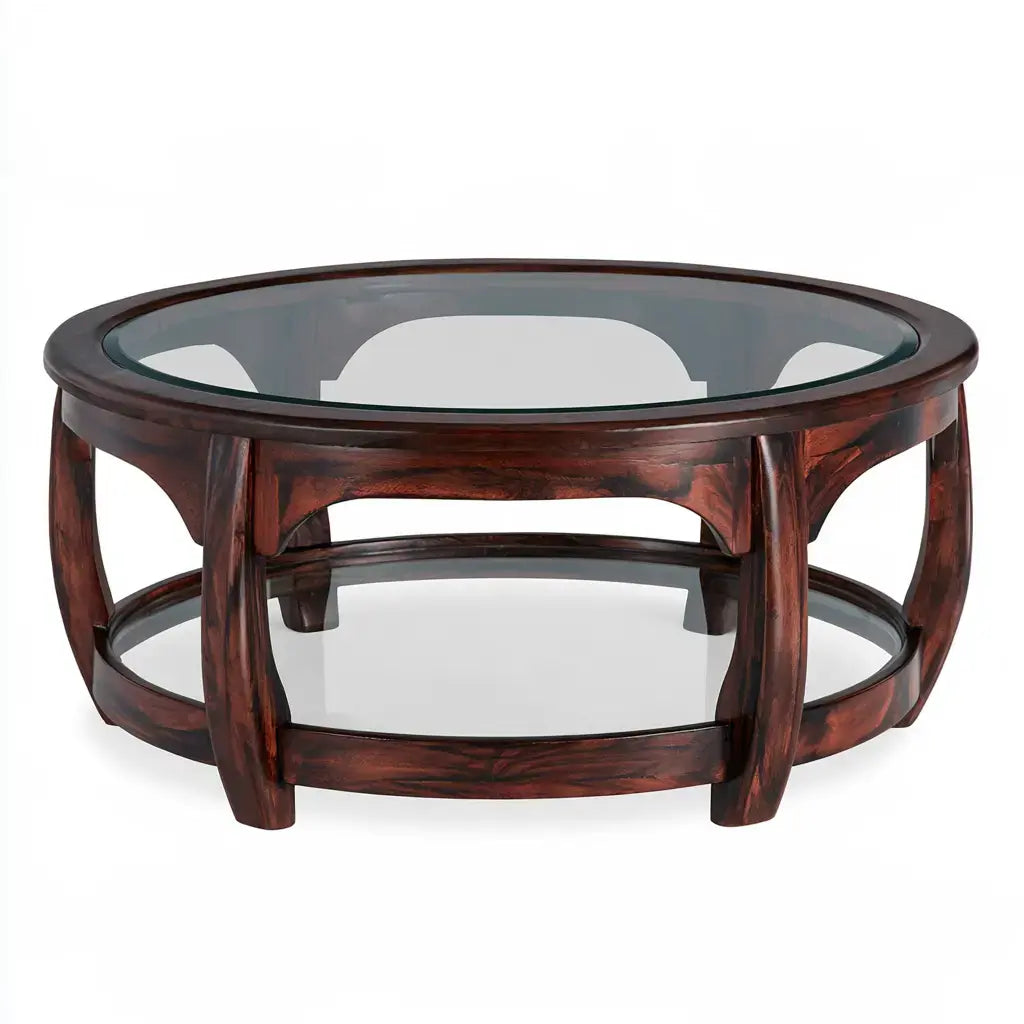 Mesa de centro redonda con tablero transparente - marrón