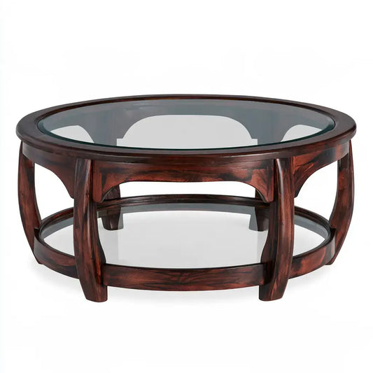 Mesa de centro redonda con tablero transparente - marrón