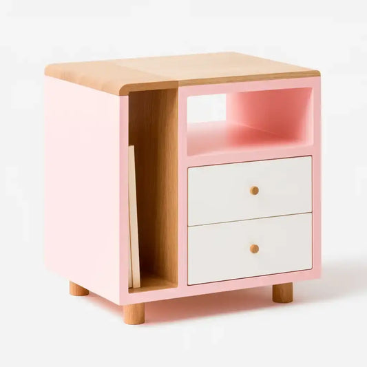 Mesita de noche con puerta lateral y dos cajones - rosa/beige