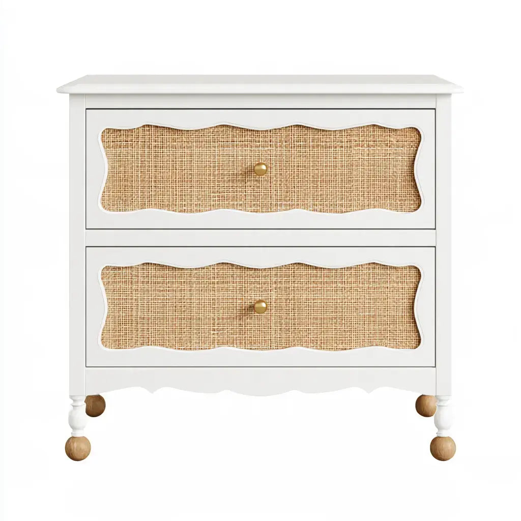 Mesita de noche con cajones de rejilla y patas redondas - blanco/beige