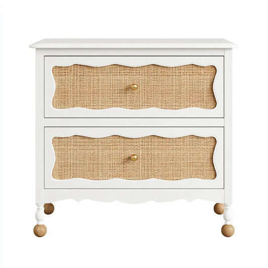 Mesita de noche con cajones de rejilla y patas redondas - blanco/beige