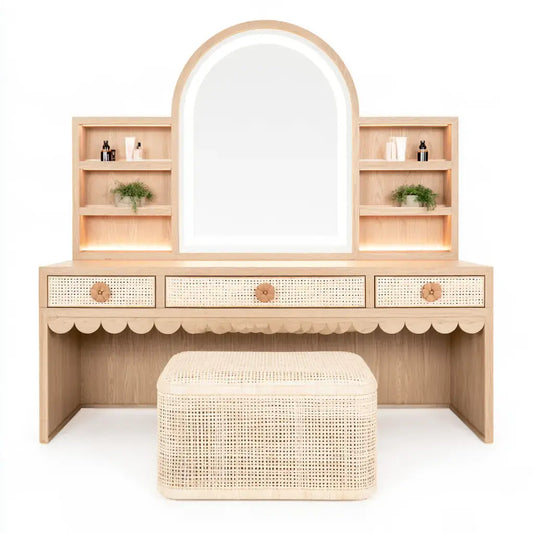 Tocador con espejo arqueado y estantes laterales - beige